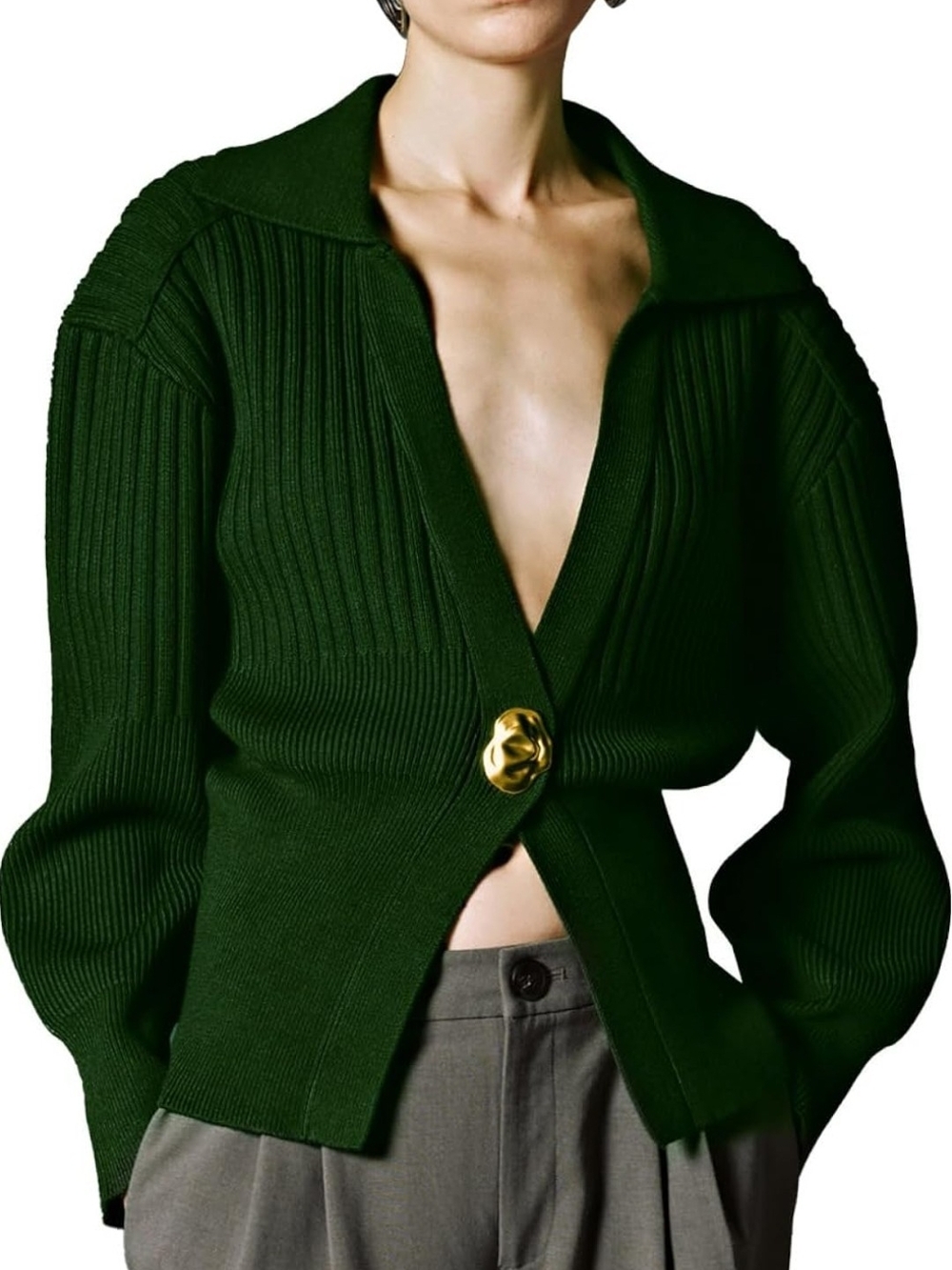 NWT Ribbed Deep V Dark Green Knit Cardigan with Gold Accent